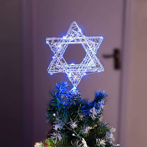 Impress Life Rattan Star of David Chanukah Christmas Tree Topper, with Warm White LED String, Wire Weaving, Battery Powered, 7'' Star Tree Topper for Diwali, Birthday, Wedding, Parties & Home