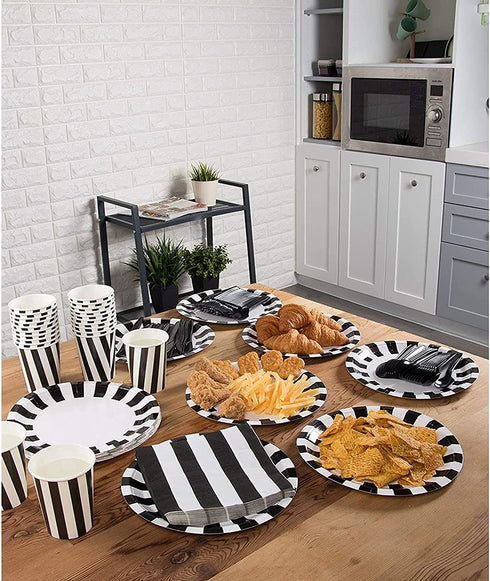 Black and White Party Bundle, Includes Plates, Napkins, Cups, and Cutlery (24 Guests,144 Pieces)