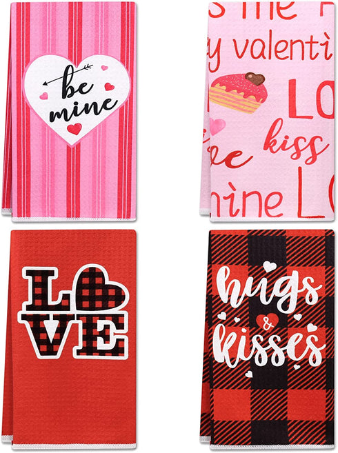 Valentine's Kitchen Towels Dish Towels (4 Pattern Designs) 15.7''x23.6'' Absorbent Hand Towels Valentine's Day Kitchen Novelty Gift for Couples Kitchen Decor Housewarming Gift Holiday Towels Set of 4