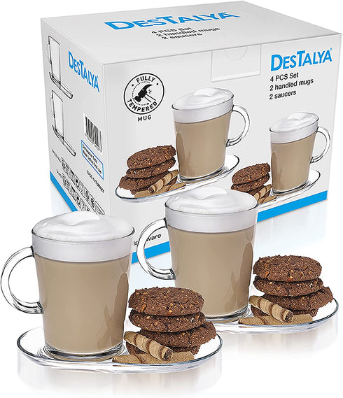 DESTALYA Coffee Mugs with Handles and Saucers Set, Clear Glass 13.52 oz Handled Cups for Hot Beverages Cold Drinks, Tea Espresso Cappuccino Hot Chocolate