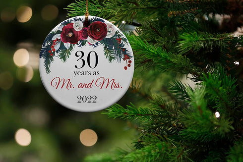 30 Years as Mr. and Mrs. Ceramic Christmas Tree Ornament Collectible Holiday Keepsake 2.875" Round Ornament in Decorative Gift Box with Bow- Perfect 30th Wedding