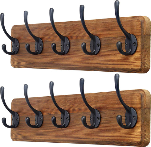 SKOLOO Rustic Wall Mounted Coat Rack: 16-inches Hole to Hole, Case of 2, Pine Solid Wood Coat Hook Hanger - 5 Hooks for Hanging Clothes Robes Towels Coats