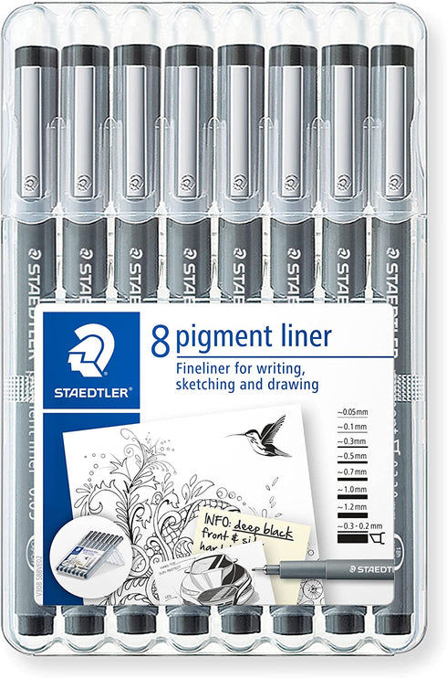 STAEDTLER Pigment Liner Fineliner Pens with Assorted Line Width - Black (Set of 8)
