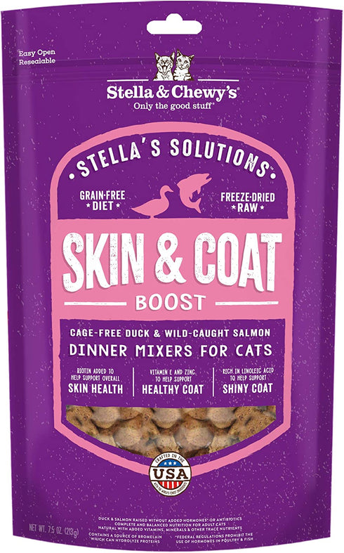 Stella & Chewy’s – Stella’s Solutions Skin & Coat Boost – Cage-Free Duck & Wild-Caught Salmon Dinner Mixer – Freeze-Dried Raw, Protein Rich, Grain Free Cat Food – 7.5 oz Bag