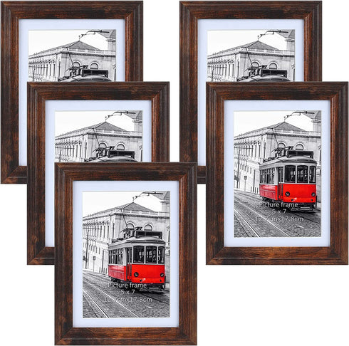 QUTREY 5x7 Picture Frame Set of 5, Rustic Distressed Display 5x7 Photo Pictures with Mat or 6x8 Without Mat for Wall Mount or Tabletop, Brown