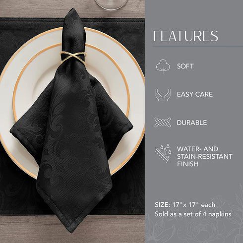 Elrene Home Fashions Caiden Elegance Damask Fabric Napkins (Set of 4), 17" x 17", Black 4 Count