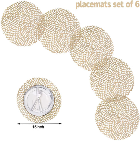 Placemats Set of 6,Pressed Vinyl Table mat,Gold Round Metallic Hollow placemat,Non-Slip Washable PVC Chargers Place mat for Dining,Wedding,Holiday,Party.