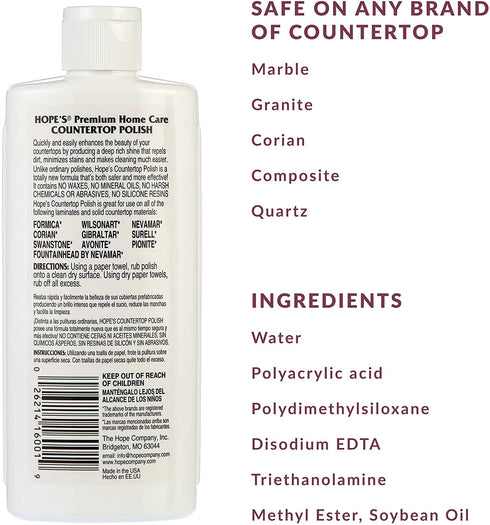 HOPE'S Premium Home Care Countertop Restoration Polish and Protector Granite, Marble, Concrete, 8 Ounce, 2 Pack, White, 16 Fl Oz