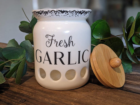 MillGar Ceramic Garlic Keeper for Counter - 4.5? x 3.5? Farmhouse & Vented Garlic Storage Container To Keep Garlic Cloves Fresher, Longer - Garlic Holder w/Bamboo Wood Lid - Dishwasher Safe