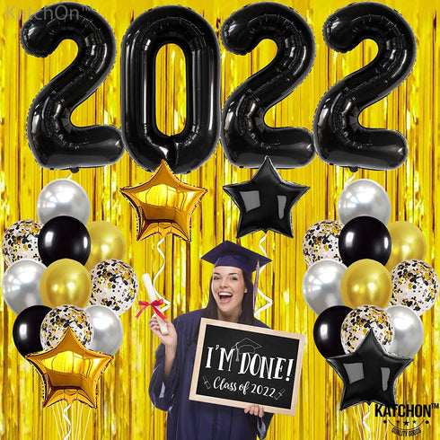 Black and Gold Graduation Decorations 2022 - Black 2022 Balloons, 40 Inch and Fringe Curtain | Class of 2022 Balloons Graduation Party Decorations 2022 | Class of 2022 Decorations, Graduation Balloons