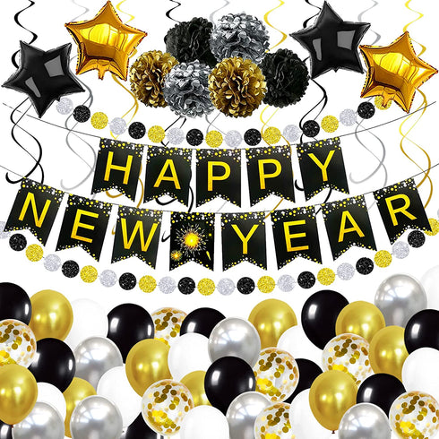 Huge New Years Eve Party Supplies 2022 - Pack of 70 | No DIY, Happy New Year Banner, Hanging Swirls and PomPoms for NYE Decorations 2022 | New Years Eve Decorations | Happy New Year Decorations 2022