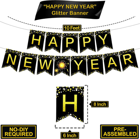 Huge New Years Eve Party Supplies 2022 - Pack of 70 | No DIY, Happy New Year Banner, Hanging Swirls and PomPoms for NYE Decorations 2022 | New Years Eve Decorations | Happy New Year Decorations 2022