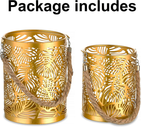 Romadedi Candle Holders Pillar Gold - Set of 2 for Tealight Pillar Candle Deocrative Hanging Lantern for Garden, Wedding Party Home Decor Table Centerpiece Indoor Outdoor