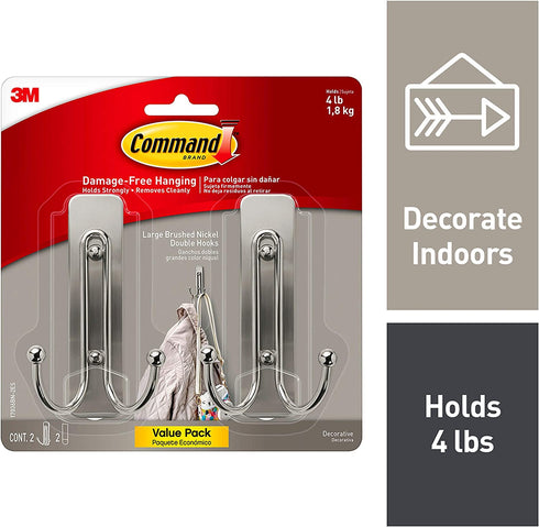 Command Large Wall hooks, 2 Pack, Brushed Nickel, Organize Damage-Free
