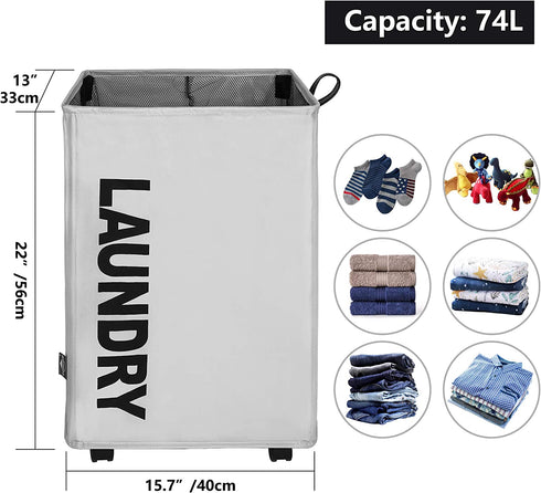 DOKEHOM Large Laundry Basket with Leather Handle on Wheels (4 Colors), Collapsible Laundry Hamper, Foldable Clothes Organizer, Folding Washing Bin (Grey, L)
