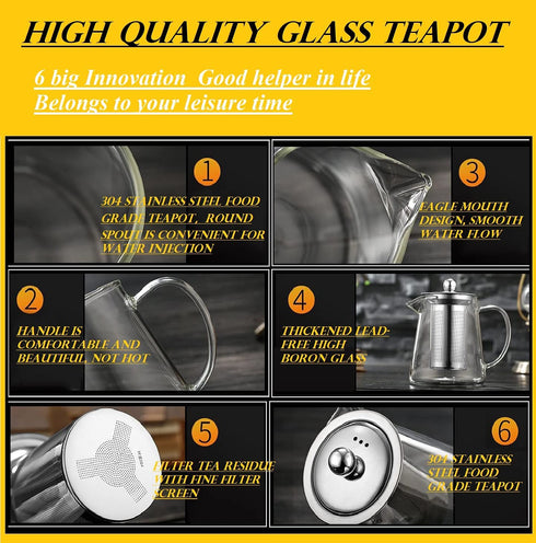 Mini Size Glass Teapot Tea Kettle-with Stainless Steel Removable Infuser for Blooming Tea & Loose Leaf Tea, Microwave & Stovetop Safe, 950ML/32oz (L-950)