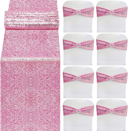 yuboo Pink Sequin Table Runner with 8 Pieces Chair Sashes Set,Sparkly Slipcovers Wedding Chair Decorations Stretch Chair Bands for Birthday,Valentine's Day,Reception Party,Holiday Celebration Party