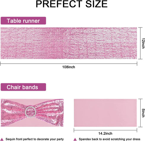yuboo Pink Sequin Table Runner with 8 Pieces Chair Sashes Set,Sparkly Slipcovers Wedding Chair Decorations Stretch Chair Bands for Birthday,Valentine's Day,Reception Party,Holiday Celebration Party