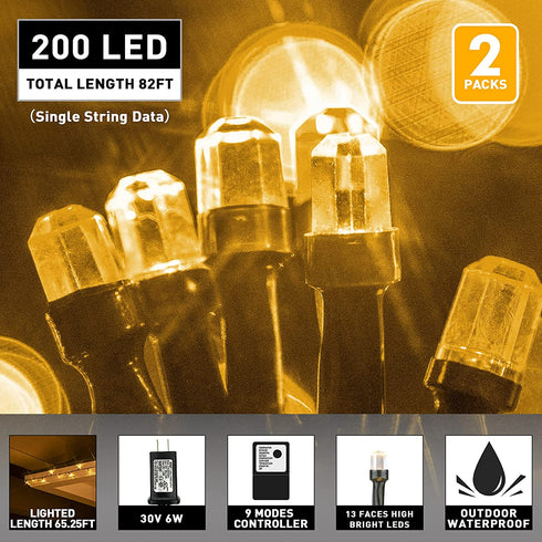 Outdoor String Lights 82 FT 200 LED 2 Pack UL Safe Certified Weatherproof 9 Modes Fairy Twinkle Lights for Indoor/Outdoor Backyard,Party,Garden,Patio,Wedding,Holiday Decor (Warm White)