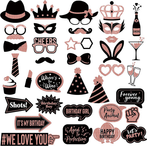 36 Pieces Rose Gold Birthday Photo Booth Props, Large Rose Gold Birthday Party Photobooth Props with Glitter for Girl Woman Birthday Parties Supplies