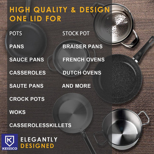 KEISSCO Stainless Steel Universal Lid for Pots, Pans and Skillets - Fits 7" to 12" Pot and Pans - Tempered Glass with Stainless Steel Rim Replacement Frying Pan Cover and Cast Iron Skillet Lid