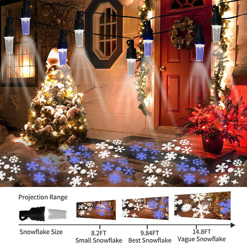 Vigdur Christmas String Lights - Snowflake Projector Light String with 10 LED Hanging Blue&White Snowflake Projector Bulbs Plug in for Indoor Outdoor Xmas Patio Yard Bedroom Holiday Decor,31.4FT