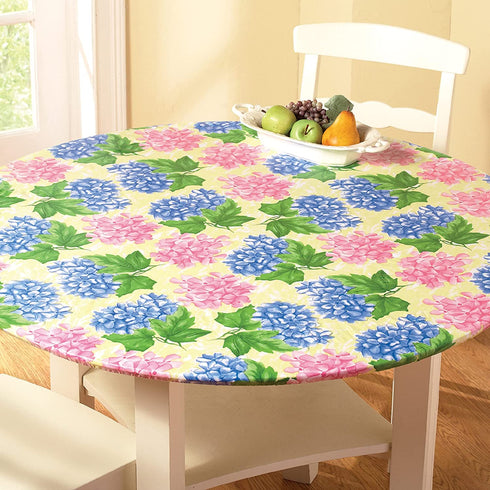 Collections Etc. Patterned Fitted Table Cover with Soft Flannel Backing and Durable Wipe-Clean Vinyl Construction, Hydrangea, Oval