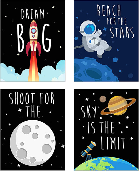 Space Kids Nursery Bedroom Decor - Set of Four 8x10 Prints - Cute Inspirational Wall Art Decoration For Boys and Girls