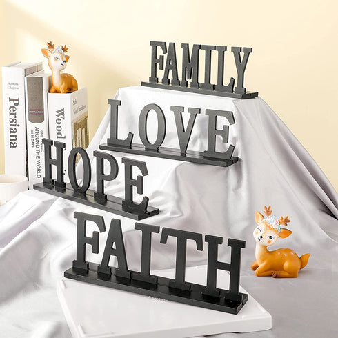 4 Pieces Love Faith Hope Family Wood Word Sign Black Wooden Cutout Letter Table Sign Rustic Letter Tabletop Decorations Freestanding Wood Sign for Home Room Fireplace Table Centerpiece Decoration