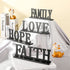 4 Pieces Love Faith Hope Family Wood Word Sign Black Wooden Cutout Letter Table Sign Rustic Letter Tabletop Decorations Freestanding Wood Sign for Home Room Fireplace Table Centerpiece Decoration