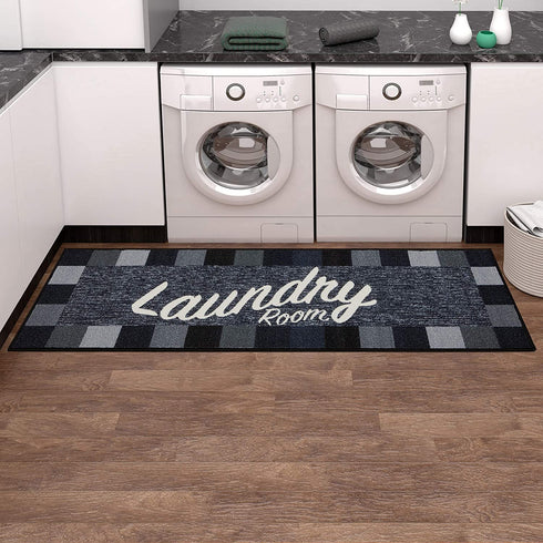 Ottomanson Laundry Collection Checkered Border Rubberback Runner Rug, 20" x 59", Black