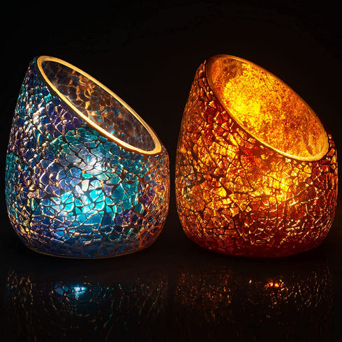 ENFANTRY Votive Candle Holder Set, 2 Pc Mosaic Glass Tealight Candle Holder Handmade Romantic Slanted Crystal Centerpiece Candlescape for Valentine's Day, Wedding, Party, Dinner, Home Decor,4x3inch