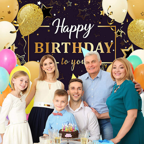 Happy Birthday Party Decorations, Extra Large Fabric Black and Gold Happy Birthday to You Sign Backdrop Banner Photo Booth Background for Indoor Outdoor Birthday Party Favor, 70.8 x 43.3 Inch