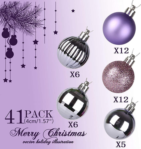 QinYing 4cm Light Purple 41pcs Shatterproof Christmas Tree Hanging Balls Christmas Balls Ornaments for Holiday Party Baubles Decoration Set with Hang Rope