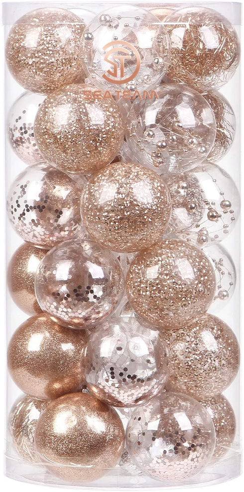 Sea Team 60mm/2.36" Shatterproof Clear Plastic Christmas Ball Ornaments Decorative Xmas Balls Baubles Set with Stuffed Delicate Decorations (30 Counts, Rose Gold)