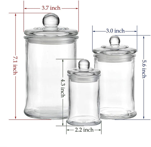 KMwares 3PCs Set Small Mini Clear Glass Premium Quality Apothecary Jars/Bathroom Storage with Lids/Vanity Organizer Canisters for Cotton Balls/Swabs, Makeup Sponges, Bath Salts, Q-Tips (Clear)