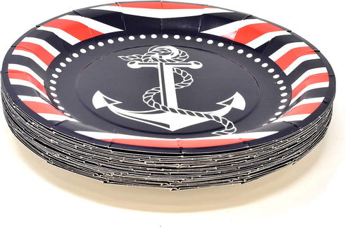 Nautical Anchor Party Supplies Set 24 9" Plates 24 7" Plate 24 9 Oz Cups 50 Luncheon Napkins Sailor Boat Ship Theme Navy Red White Striped Birthday Baby Shower Disposable Tableware Decor Gift Boutique