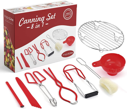 InspoLine Canning Kit Canning Supplies Starter Kit 8 in 1 Ultimate Kit with Jar and Lid Lifter, Canning Tongs, Jar Wrench, Funnel, Bubble Remover Tool, Canning Rack Home Canning Tools Set