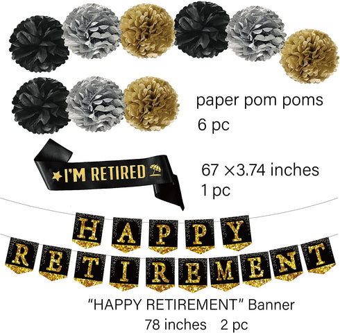 retirement party decorations banner gifts - (22pack) happy retirement gold banner, 6 paper Poms, 6 Hanging Swirl, 7 decorations stickers. retirement sash for men and women (GOLD BANNER)
