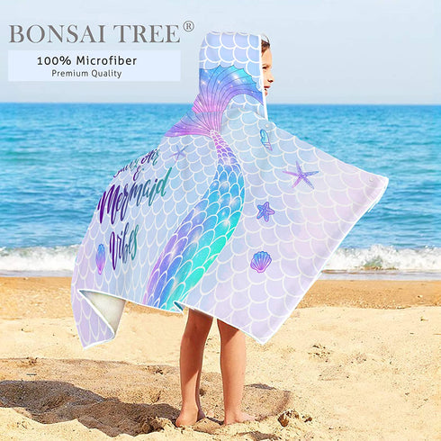 Bonsai Tree Mermaid Kids Hooded Beach Towel, Mermaid Tail Microfiber Hooded Poncho Towel for Girls 30?x50?, Mermaid Scales Pink Soft Absorbent Bath Towels Bathrobe with Hood for Swin Pool