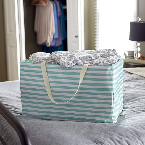 Household Essentials 2242 Krush Canvas Utility Tote | Reusable Grocery Shopping Laundry Carry Bag | Teal And White Stripes, 22" L X 11" W X 13" H,