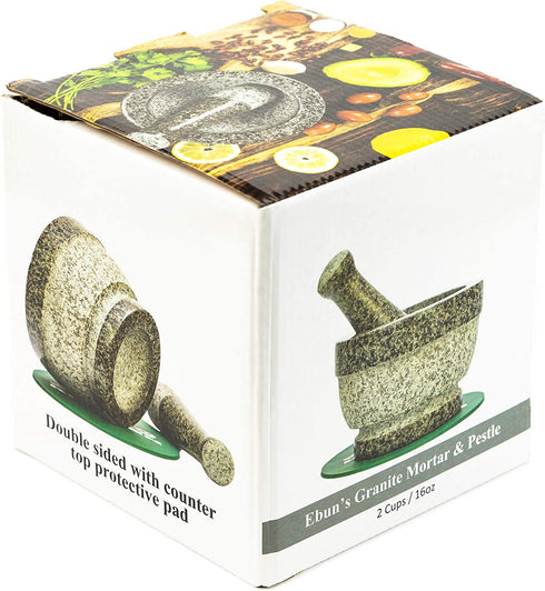 Mortar and Pestle Set - Double Sided Unpolished Granite Bowl - 6 Inch, 2 Cup Natural Heavy Molcajete Stone - With Counter Top Protective Pad - Made for a lifetime
