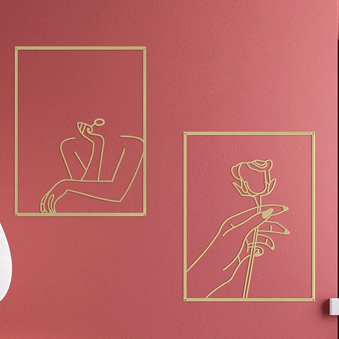 Hotop 2 Pieces Modern Minimalist Abstract Line Art Decor Minimalist Line Drawing Wall Art Decor Line Drawing Metal Wall Art Poster Abstract Woman's Body Shape Art Print for Bedroom Living Room (Gold)