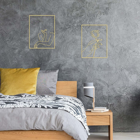 Hotop 2 Pieces Modern Minimalist Abstract Line Art Decor Minimalist Line Drawing Wall Art Decor Line Drawing Metal Wall Art Poster Abstract Woman's Body Shape Art Print for Bedroom Living Room (Gold)