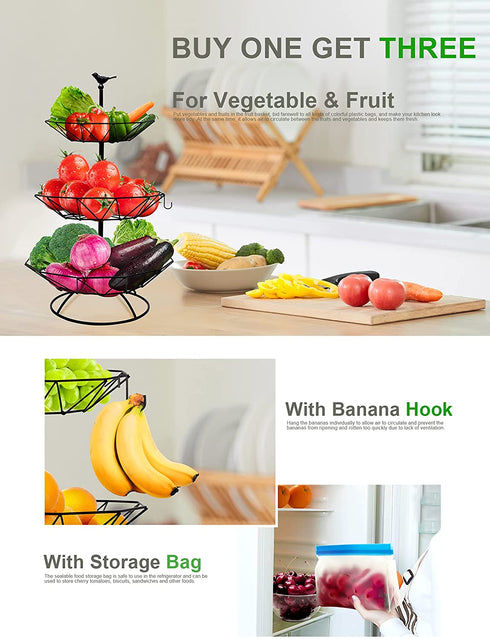 Fruit Basket for Kitchen-Countertop Detachable Vegetables-Storage - Homlab 3-Tier Fruit Bowl for Counter Fruit Holder Metal Banana Holder Organizer with Banana Hanger & Reusable Storage Bag(Black)