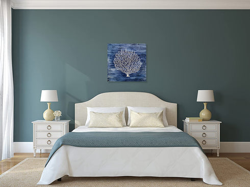 Yihui Arts Navy Blue Canvas Wall Art Hand Painted White Coral Painting Modern Abstract Tree Pictures Coastal Artwork for Bedroom Living Room Bathroom Decoration