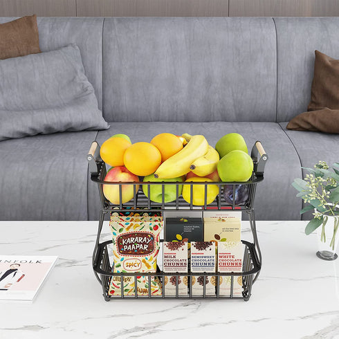 Wisdom Star 2 Tier Fruit Basket Bowl Farmhouse for Kitchen Countertop, Detachable Metal Bread Fruit Vegetable Storage Basket Stand Holder with Wooden Handle , Black