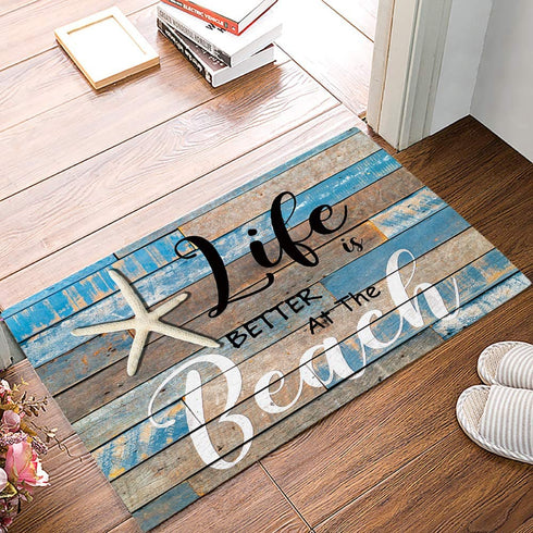 Fangship Indoor Doormat Front Door Welcome Mat Ocean Coastal Starfish Beach Retro Wood Grain Life is Better at The Beach Non Slip Floor Mat Entryway Rug Durable Low-Profile Mat Home Decor- 16" x 24"