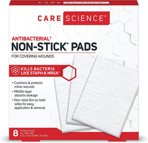 Care Science Antibacterial Non Adherent Pads, 3 in x 4 in, 8 ct | Non Stick Pads for Covering Wounds, Kills Staph & MRSA, Helps Prevent Infection