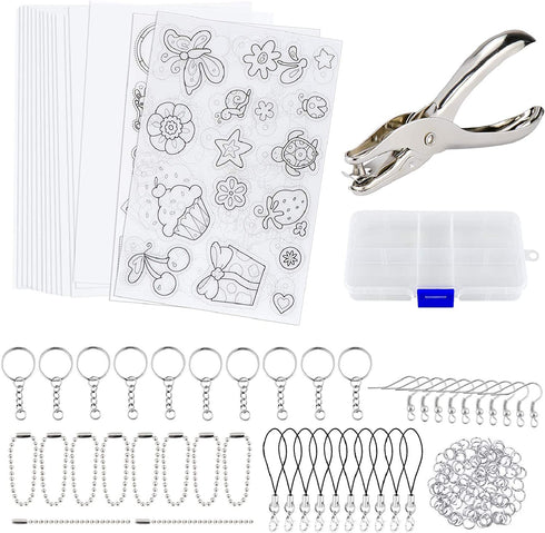 Hysagtek 158 Pcs Shrinky Sheets Kits for Shrinky Dinks, Including 17 Pcs Heat Shrink Plastic Sheets Shrinky Art Paper, 140 Pcs Keychains Accessories, Hole Punch for Kids Craft Christmas Ornaments